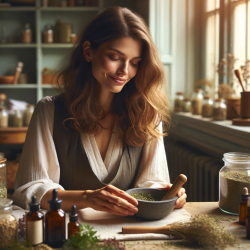 DALL·E 2024-01-08 13.53.08 - A scene showing a woman phytotherapist with a subtle smile, working diligently in her herbal workshop. The setting is cozy and natural, featuring a wo