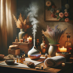DALL·E 2024-01-08 14.14.46 - An image showcasing the art of aromatherapy. The scene features a cozy and soothing environment, ideally a small room or a corner dedicated to aromath